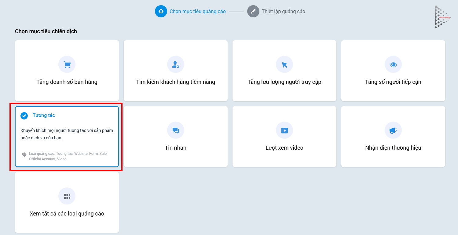 Campaign objective setup on the Zalo Ads management portal
