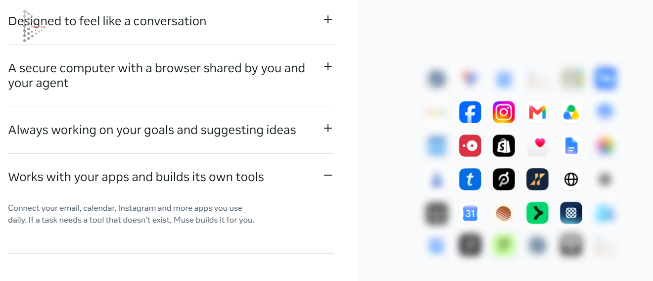 Ecosystem application integrations and self-building tool capability of Muse AI